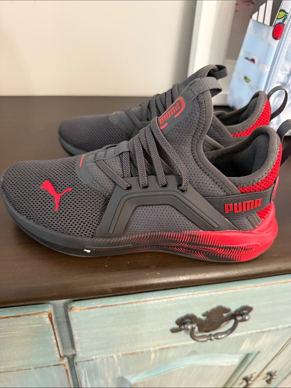 Puma Gray and Red Performance Mesh Sneakers
